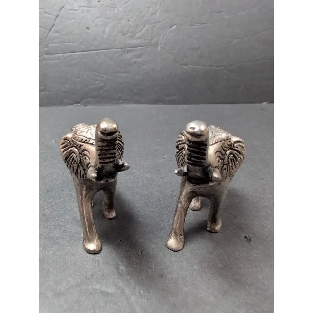 Lot Of 2 India Metal Elephants Hand Carved Collectible Trunks UpFigures 4